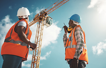 Image showing Engineering, construction and team with walkie talkie and crane for building project, teamwork or communication. Black woman and man manager outdoor for engineer planning or safety inspection