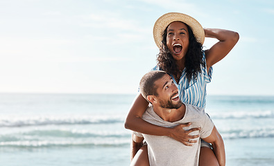 Image showing Beach, piggy back and woman with happy man on romantic summer holiday with mockup space and travel to ocean. Romance, happiness and excited couple at sea for adventure on vacation together in Cancun.