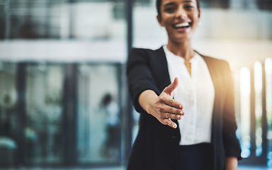 Image showing Hiring, success or happy businesswoman shaking hands in b2b meeting for project or contract agreement. Smile, handshake zoom or worker with job promotion, deal negotiation or partnership opportunity