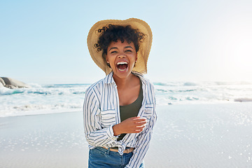 Image showing Woman, laughing and portrait in summer at beach for a vacation, travel or holiday with a smile. Face of African female person at sea with happiness, freedom and funny mindset outdoor with a blue sky
