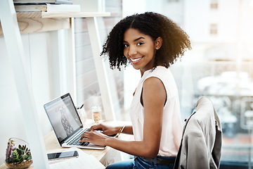 Image showing Typing, computer and woman portrait in office planning, online research and fashion blog for business startup. Face of a creative, young African person with technology app, laptop and website design