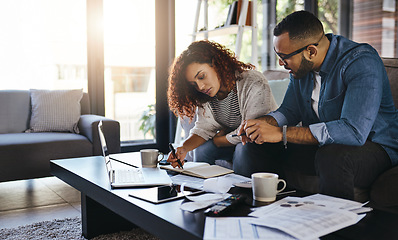 Image showing Couple, budget with finance and bills, notes on payment for loan with mortgage and debt while at home. Financial review of spending, income and savings with man and woman writing in notebook