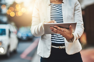 Image showing Tablet, business and hands of woman in city typing for network, online website and social media in street. Communication, travel and female person on digital tech for internet, research and contact