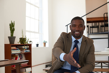 Image showing Shaking hands, meeting and portrait of happy man in office for hiring, business deal or networking. Black male worker offer handshake for welcome, thank you and introduction to HR, agreement or trust