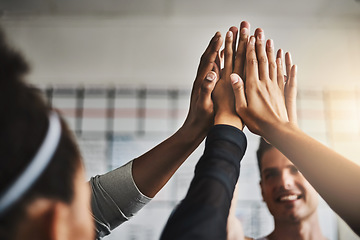 Image showing Fitness, success and high five of people in gym for motivation, support and target. Workout, exercise and training with hands of friends in sports center for team building, challenge and achievement