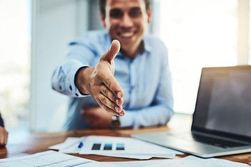 Image showing Businessman, handshake and meeting for partnership, b2b or deal agreement at the office. Man employee shaking hands for greeting, welcome or hiring in recruitment for business growth at the workplace