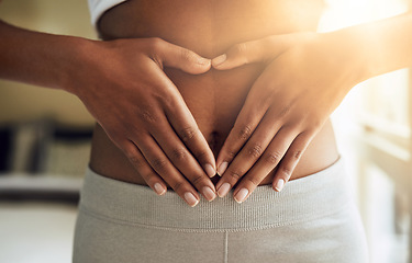 Image showing Hands of woman on stomach, diet and fitness for gut health and lipo wellness for body positivity. Gym, healthcare and tummy tuck, girl model with heart hand sign on abdomen for muscle exercise goals.