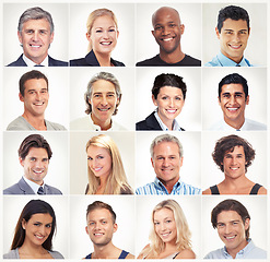 Image showing Smile, face collage or portrait of happy people in community group or country with diversity. Headshot of different race, profile picture or global mosaic of men or women isolated on white background