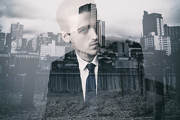 Image showing Business man portrait, city double exposure and employee with monochrome and art deco overlay. Corporate, old school and urban worker with ideas of person with skyline and black and white effect