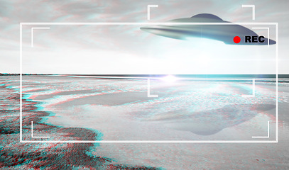 Image showing UFO, alien and viewfinder on a camcorder screen with a spaceship flying in the sky over area 51. Camera, spacecraft and conspiracy theory with a saucer on a display to record a sighting of aliens