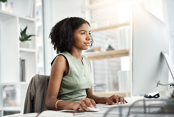 Image showing Computer, search and business woman in office online management, copywriting or editing on website software. Young african person reading, research or working on desktop, keyboard and report analysis