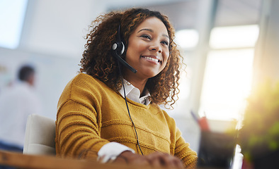 Image showing African woman, call center agent or smile with voip for consulting, listening or contact us in office. Female consultant, customer service or tech support crm with headphones, microphone or help desk