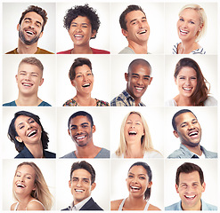Image showing Laughing, face collage or portrait of happy people in community group or diversity with jokes or comedy. Funny studio headshots, profile picture or mosaic of men or women isolated on white background