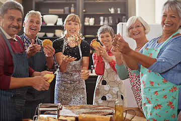 Image showing Portrait, happy senior people having fun kitchen and at cooking class. Achievement or success, baking or cooking collaboration and teamwork of elderly group cheering or celebrating together