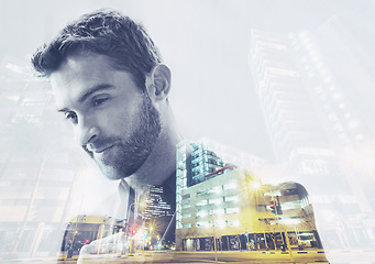 Image showing Thinking, double exposure and man thinking about city at night or businessman with a vision for his urban town. Buildings, illustration and professional corporate person with creative idea in overlay