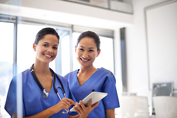 Image showing Portrait, team and female nurse smile with digital tablet or healthcare planning or wellness analysis and in hospital. Research, collaboration and women doctor or medical support or result and clinic