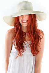 Image showing Woman, face and smile with straw hat in studio, isolated white background and beautiful style. Happy female model, eyes closed and red hair with cool summer accessory, fashion and beauty of happiness