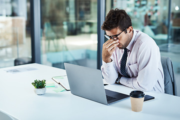 Image showing Stress, headache and man on laptop in office frustrated with glitch, mistake or crisis. Anxiety, migraine and male business person angry with failure, 404 or bad review, deadline report or tech delay