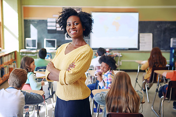 Image showing Portrait, black woman and teacher with arms crossed, students or happiness in a classroom. Face, female educator or employee with children, smile or education with knowledge, learners and development