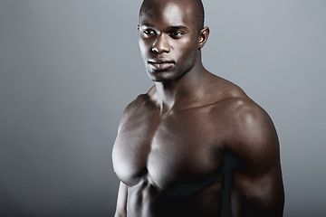 Image showing Body, muscle beauty and topless black man on dark background with fitness mockup. Health, wellness and strong African bodybuilder or male model isolated on studio backdrop with mock up and power.