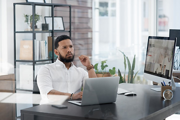 Image showing Thinking, business and man with a laptop, ideas or opportunity with planning, career or project. Male person, employee or entrepreneur with decision, wonder and professional with technology or goals