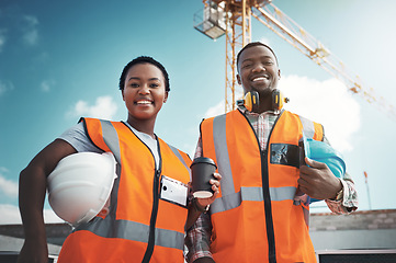 Image showing Engineer team, portrait and smile of black people at construction site with coffee low angle. Teamwork, architect and happy African man and woman with tea, collaboration and building with mockup.