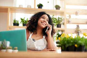 Image showing Happy, phone call and plant with woman in small business for planning, networking and conversation. Entrepreneurship, startup and technology with female botanist for nature, green and garden shop