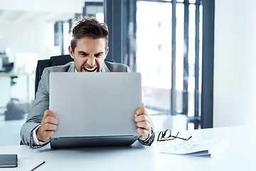 Image showing Angry, man and stress with laptop in office frustrated with glitch, mistake or crisis. Anxiety, annoyed and male business person upset with fail, 404 and bad review, deadline report or tech problem