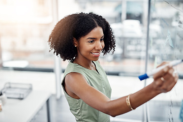 Image showing Business, glass wall and black woman writing, planning or strategy in office. Brainstorming, board and happy female person write, working on project and schedule, notes or information in workplace.