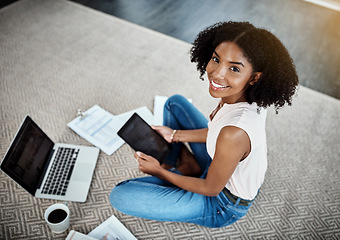 Image showing Tablet, computer and woman in portrait on floor for work from home planning, paperwork and startup business. Young happy person or entrepreneur on digital technology, laptop and documents on carpet