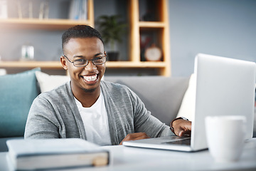 Image showing Laptop, home and portrait of man or student with e learning, university online course or college studying in living room. Happy, excited and young african person on computer for scholarship research