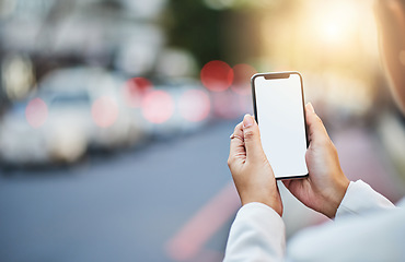 Image showing Mockup, phone screen and hands of woman in city for networking, online website and social media ui. Communication, mobile app and female person on smartphone for promotion, blank space and branding