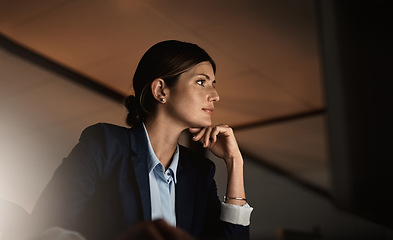 Image showing Ideas, thinking and woman in modern office for overtime, reading email or report online at startup agency. Corporate night work, idea and internet research, employee working late on problem solving.