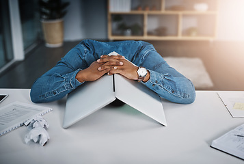 Image showing Businessman, frustrated and laptop covering head in office and tired, depressed employee sleeping on desk. Man, work and stress or burnout, problem or technology fail, workload and headache