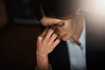 Image showing Stress, headache and business woman with pain at night for career migraine, burnout or mental health risk or depression. Depressed, anxiety or tired person with mistake, frustrated or fatigue problem