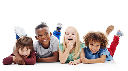 Image showing Diversity, children and happy friends or fun on the floor together or against a white background and hug. Smile, kids and playful or laughing and isolated in studio or excited buddies and embrace