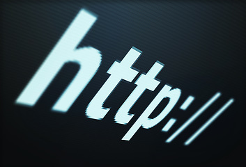 Image showing Computer, screen and http search close up, networking and connectivity with internet access on computer. Url domain, online site and software for website and cybersecurity with digital communication.