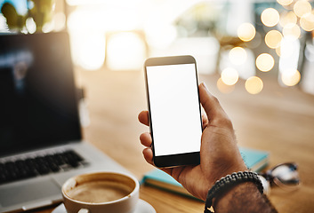 Image showing Mockup, closeup and hand with a smartphone, cafe and connection for social media, screen and relax. Male person, technology and guy with a cellphone, coffee shop and mobile app for communication