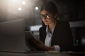 Image showing Office, night and business woman with digital tablet for research, solution and idea. Online, search and focused lady office worker working late on proposal, goal and task at startup company