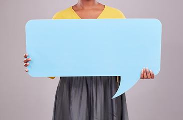 Image showing Speech bubble, woman and mockup with social media and announcement with news isolated on studio background. Voice, feedback and female model with communication, poster with sign and branding promo