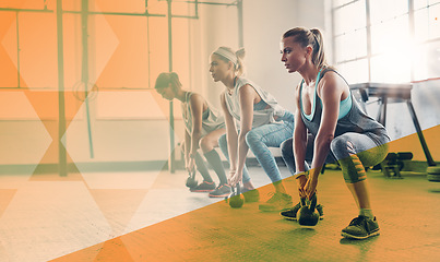 Image showing Fitness, group of women and kettlebell exercise at gym for workout and training goals. Athlete people or friends together to squat for power challenge, commitment or strong muscle with mockup overlay