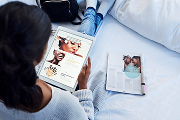 Image showing Makeup, tablet and woman influencer reading social media, online or internet blog about beauty in her bedroom. App, website and young person learning cosmetics from the web and research a magazine