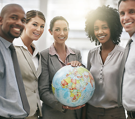 Image showing Portrait, staff and woman with a globe, international growth and company development with happiness. Face, female employee and group with distribution, partnership and new project with collaboration