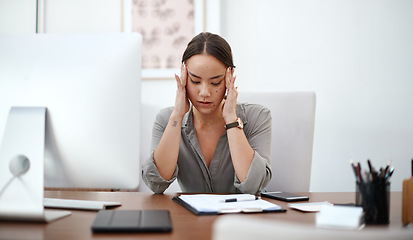 Image showing Migraine, headache and business woman in office with online career burnout, mental health risk and mistake. Brain fog, problem or pain of asian person or employee massage temple, fatigue and stress