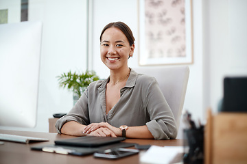 Image showing Computer, business woman and portrait in office, multimedia company and happy career mindset. Face of young Asian person, worker or employee at desktop pc working on software or website for project