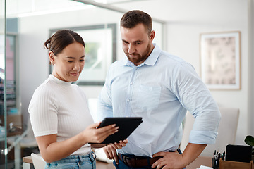 Image showing Tablet, partner and business people reading online for company review, proposal and planning in office. Asian woman with man or boss on digital technology for startup report, ideas and check research