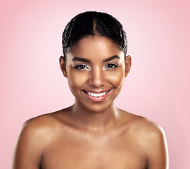 Image showing Skincare portrait, happy woman and african face on pink background, studio and dermatology of natural beauty. Female model, aesthetic glow and smile for makeup cosmetics, facial treatment and shine