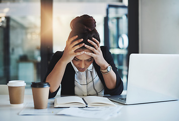 Image showing Stress, headache and businesswoman with laptop in office while working on corporate project. Burnout, fatigue and professional female employee with migraine while reading research notes in workplace.