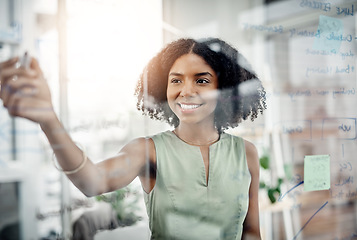 Image showing Business, glass wall and black woman writing, strategy or brainstorming in office. Planning, board and happy female person write, working on project and schedule, notes or information in workplace.