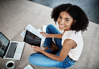 Image showing Tablet, documents and portrait of woman in work from home budget, data analysis and planning startup business. Young person on digital technology, carpet floor and happy paperwork, invoice or taxes